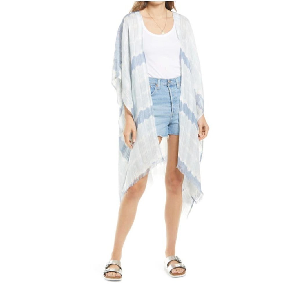 Treasure & Bond Women's One Size Tie Dye High-Low Wrap White Blue Shibori Stripe